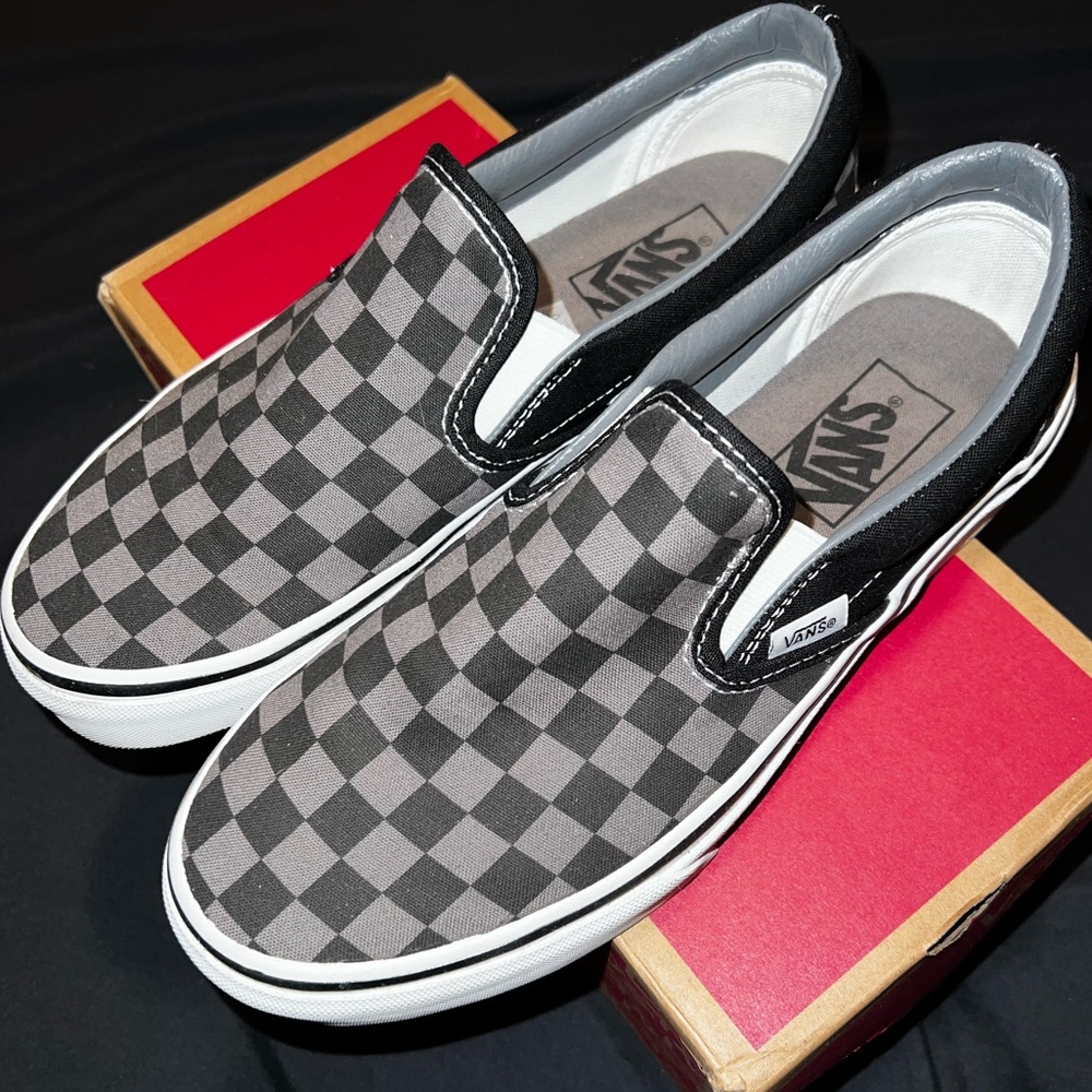 VANS: Grey & Black Checkered Slip Ons